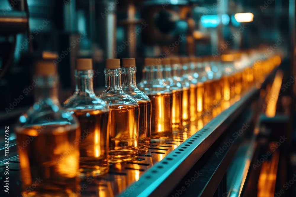 Beverage production facility Vodka is packaged on a conveyor Beverage production facility Vodka is packaged on a conveyor