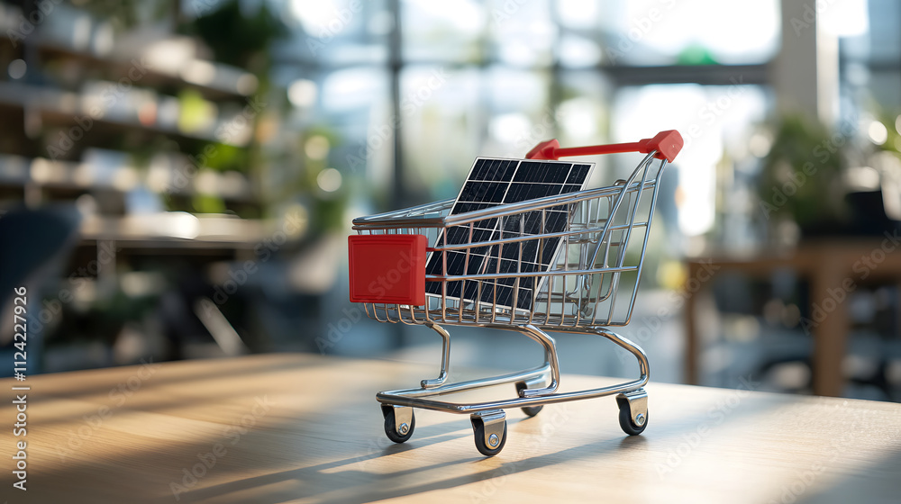A small shopping cart with a solar panel inside, placed on a wooden table in a bright setting.