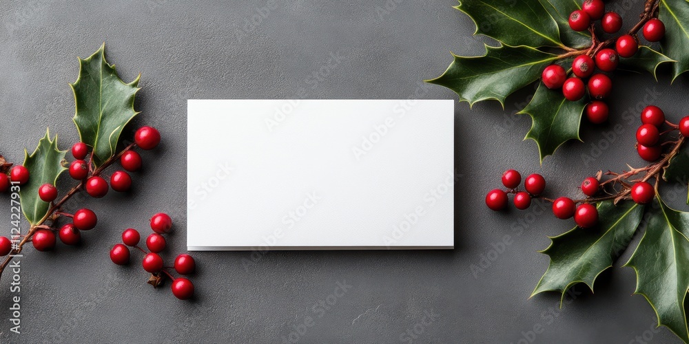 A blank white card is framed by festive holly leaves and vibrant red berries on a textured dark surface, inviting holiday greetings and cheer. A blank white card is framed by festive holly leaves and vibrant red berries on a textured dark surface, inviting holiday greetings and cheer.