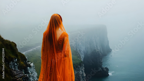 Back view of woman in a sheer orange veil overlooks a misty coastline, embodying ethereal elegance. generative ai. Ethereal. Illustration photo