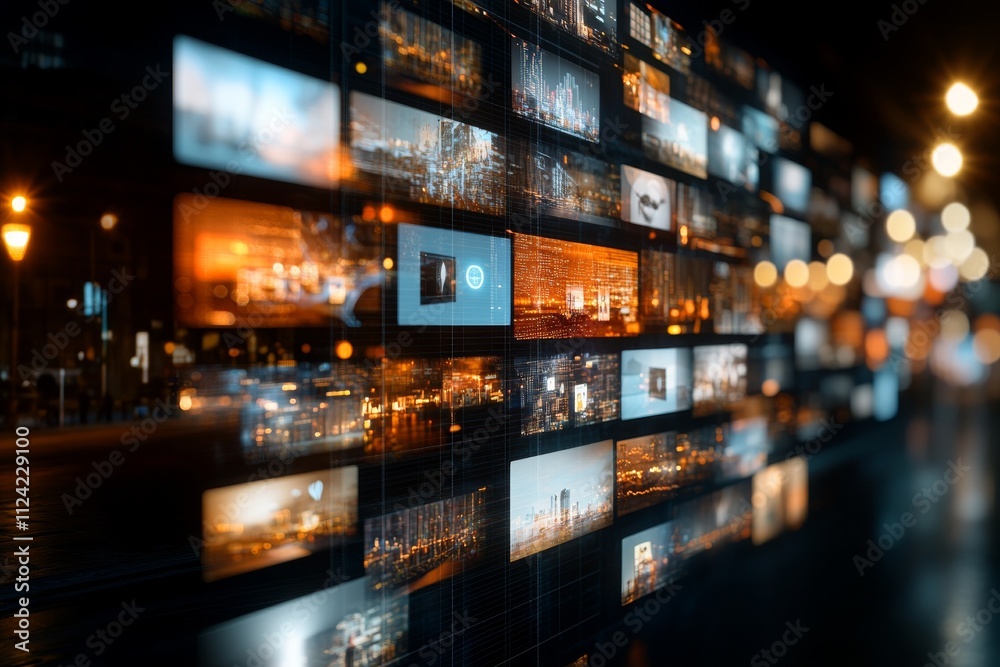 Dynamic display of video clips on an urban street at night showcasing city life and vibrant surroundings Dynamic display of video clips on an urban street at night showcasing city life and vibrant surroundings