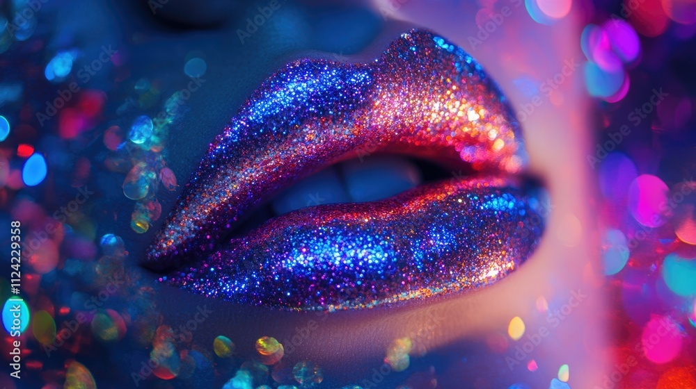 Glossy, glitter-coated lips with a radiant glow, reflecting colorful lights from a vivid, energetic party scene Glossy, glitter-coated lips with a radiant glow, reflecting colorful lights from a vivid, energetic party scene
