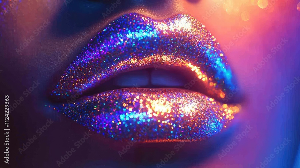 Glossy, glitter-coated lips with a radiant glow, reflecting colorful lights from a vivid, energetic party scene Glossy, glitter-coated lips with a radiant glow, reflecting colorful lights from a vivid, energetic party scene