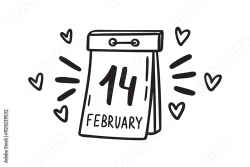 Hand drawn 14 February calendar page of valentines day. Doodle outline isolated design element for greeting cards.