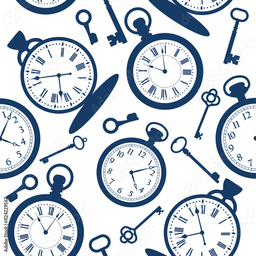 Seamless pattern with clock faces and keys on white background. 