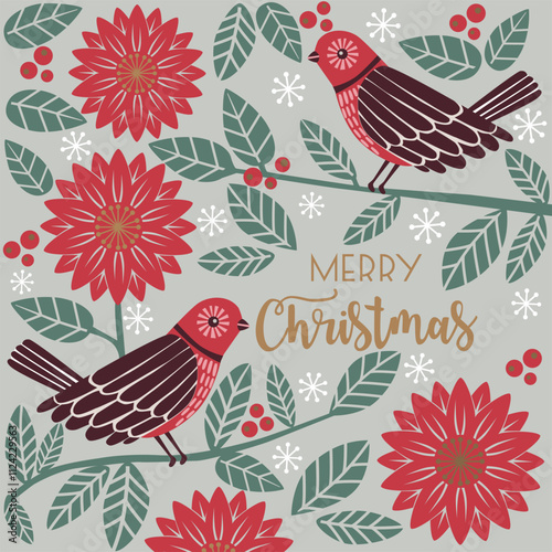 Merry Christmas card with birds and flowers.