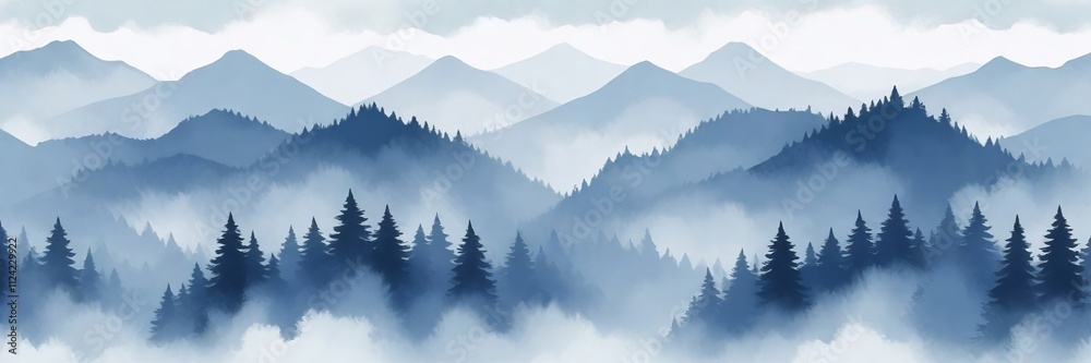 Misty Mountain Landscape with Pine Forest in Winter, Serene Blue Tones and Layers of Fog Create a Tranquil Scene, Concept Nature Background, Winter Themes, and Banner Designs, Flat Illustration