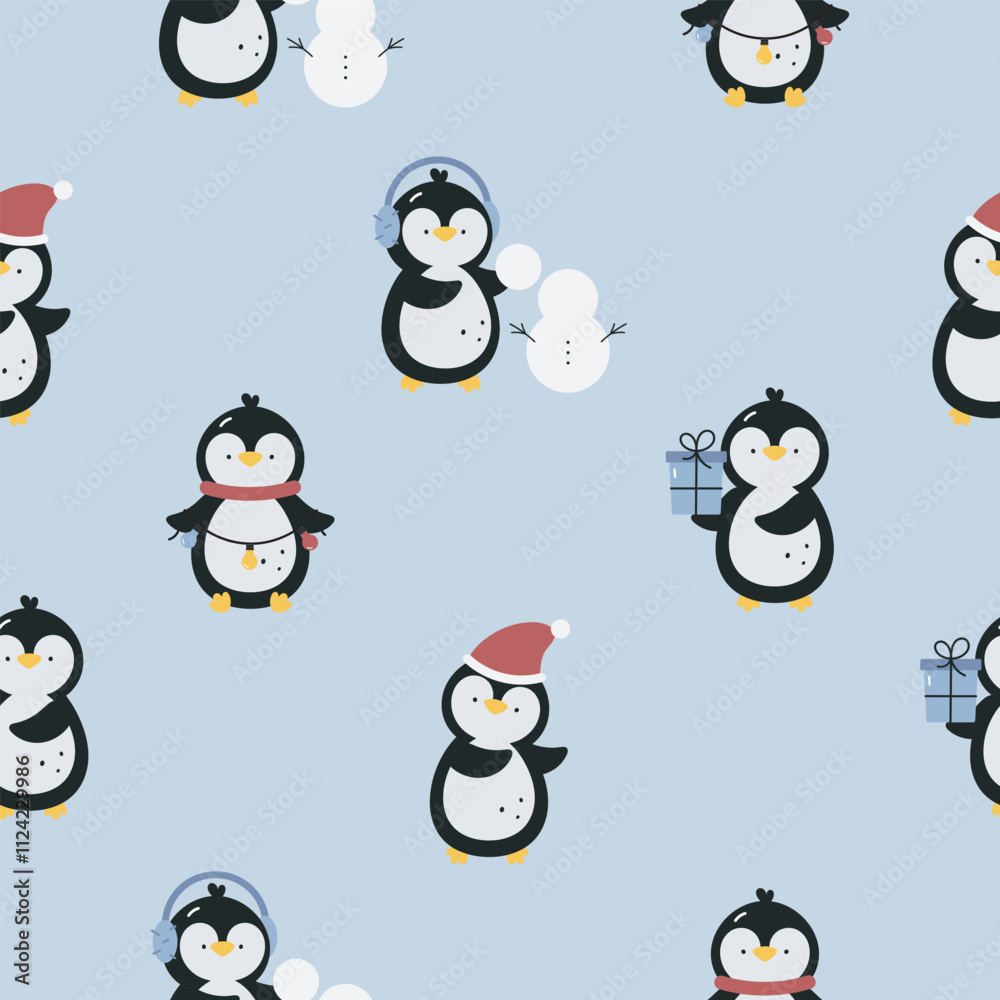 Fototapeta premium Seamless pattern with cute penguins. Flat vector background. Winter design. Creative texture for fabric, wrapping, textile, wallpaper, apparel.