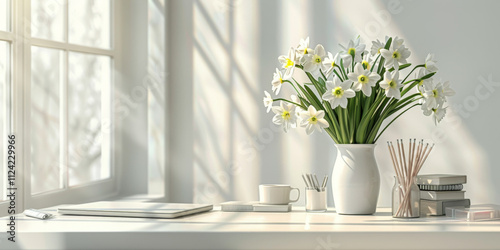 minimalist Home office, interior for bloggers workplace with white daffodils in a vase