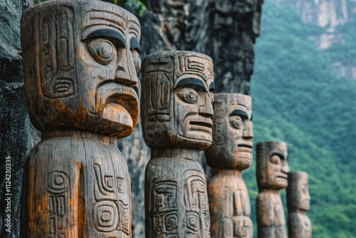 Carved wooden totem poles representing Indigenous cultural heritage for Chinese tourists at the Xiling Gorge viewpoint in Yichang Hubei China