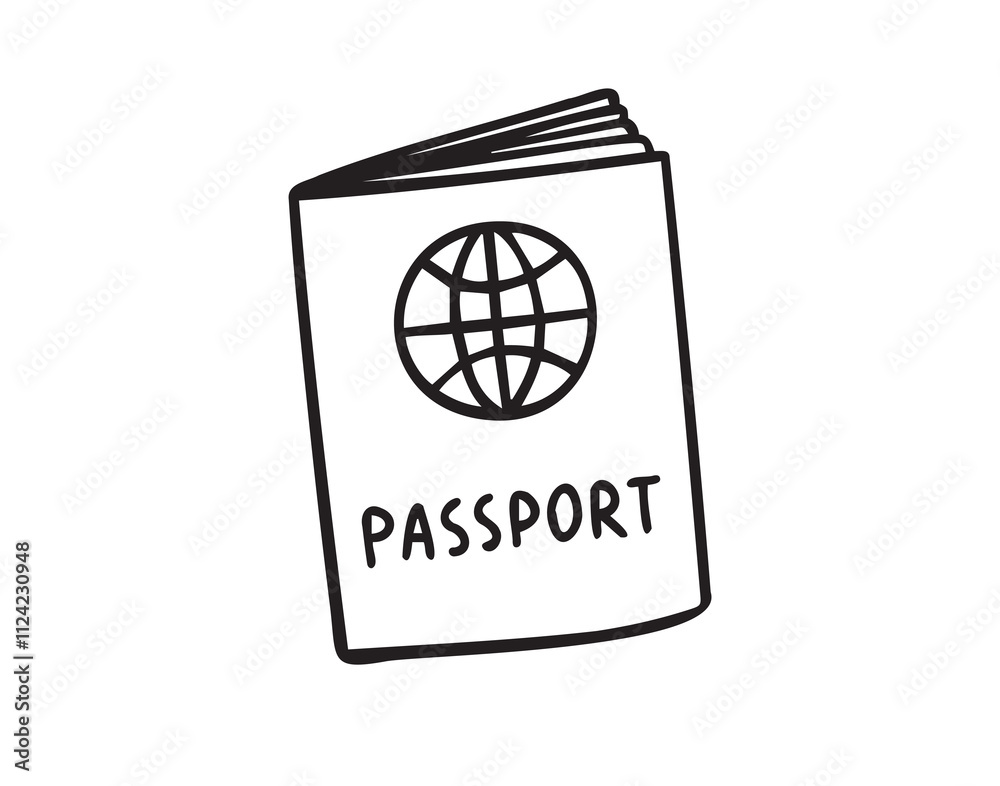 Linear doodle hand drawn passport on white background. Outline drawing international passport control, travel concept Linear doodle hand drawn passport on white background. Outline drawing international passport control, travel concept