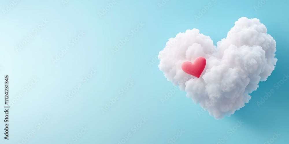Heart-Shaped Cloud with Red Heart on Soft Blue Background Heart-Shaped Cloud with Red Heart on Soft Blue Background