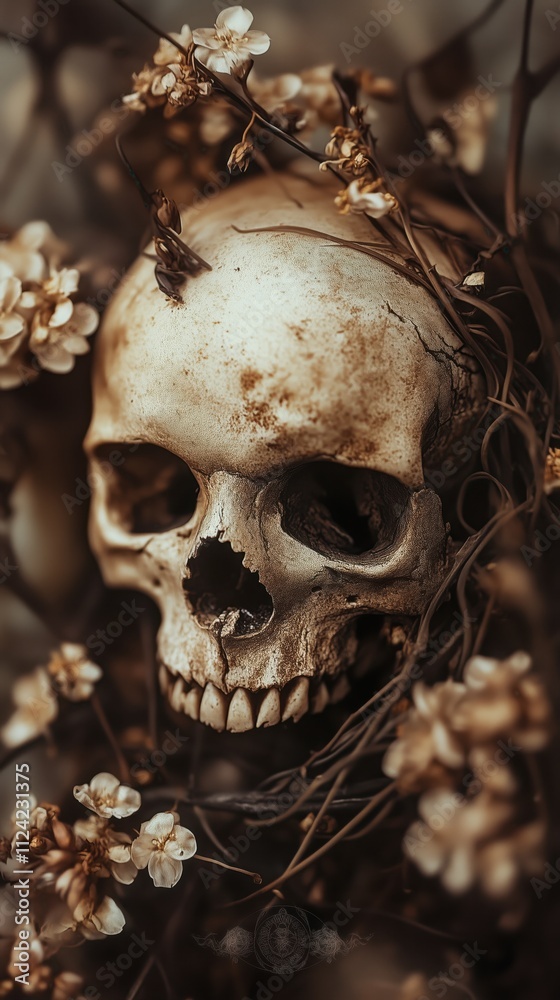 Gothic skull with flowers and vines in dark romantic setting Gothic skull with flowers and vines in dark romantic setting
