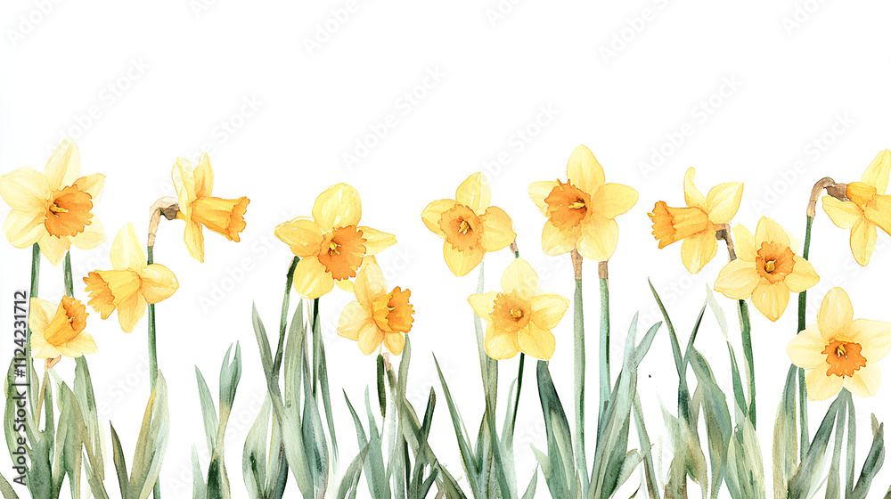Fototapeta premium Daffodil field frame or border. watercolor illustration, Perfect for nursery art, simple clipart, single object, white color background. for greeting cards weddings or birthdays