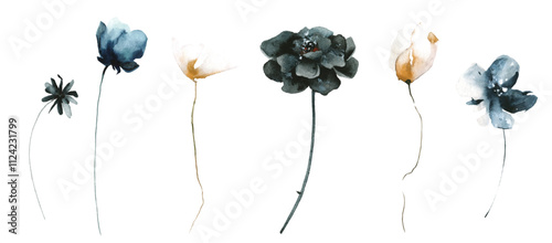 Watercolor floral set of black marigold, blue, orange poppy, rose, wild flowers. Traced vector drawing.