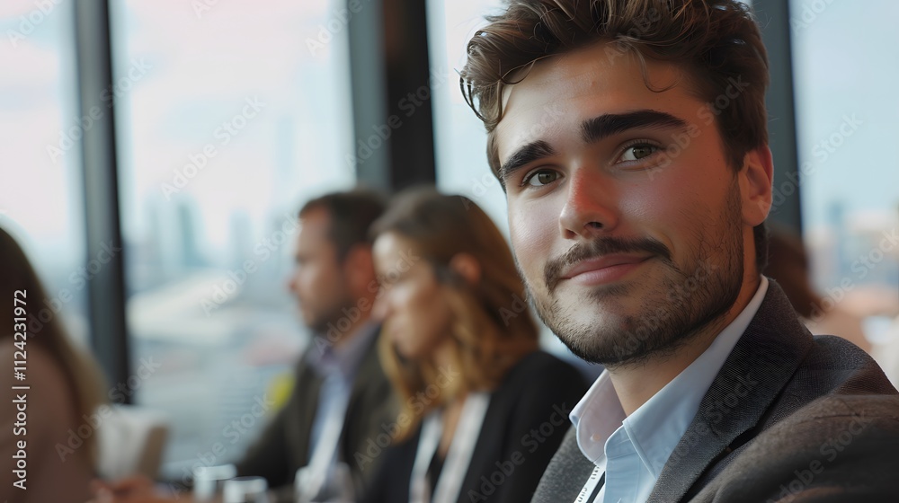 A handsome young businessman is sitting in the audience at an international business conference, listening to industry-leading presenters talk, Generative AI A handsome young businessman is sitting in the audience at an international business conference, listening to industry-leading presenters talk, Generative AI