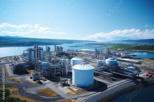 Aerial view capturing LNG facility and storage tanks beside the sea