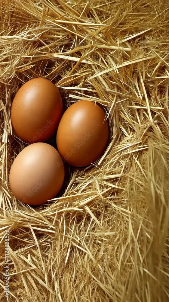 Beautiful brown eggs resting in a cozy nest of straw in a rustic setting Beautiful brown eggs resting in a cozy nest of straw in a rustic setting