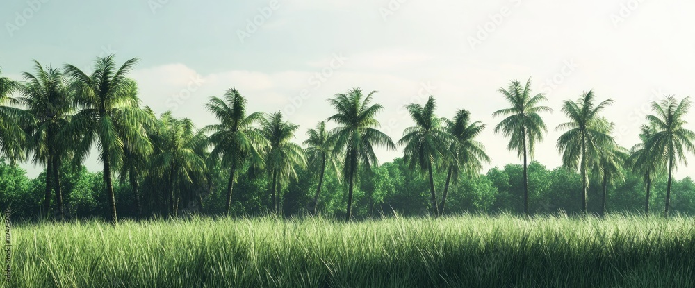 Obraz premium Serene Palm Trees Swaying Gently in Lush Green Grass Under a Calm Sky, Tranquil Tropical Paradise
