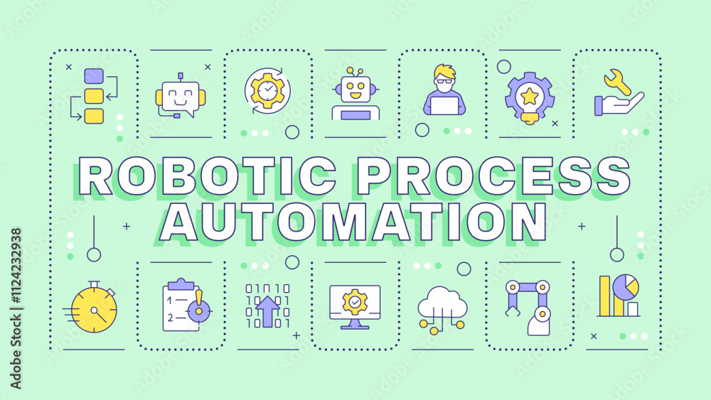 Robotic process automation light green word concept. Using bots for tasks optimization. Typography banner. Vector illustration with title text, editable icons color. Hubot Sans font used Robotic process automation light green word concept. Using bots for tasks optimization. Typography banner. Vector illustration with title text, editable icons color. Hubot Sans font used