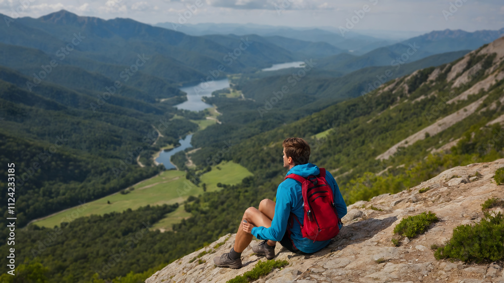 Man Hiking to the Peak of a Mountain in Summer Adventure Landscape Man Hiking to the Peak of a Mountain in Summer Adventure Landscape