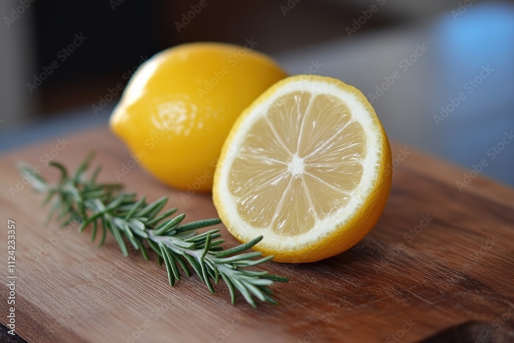 Chopping board with lemon and rosemary