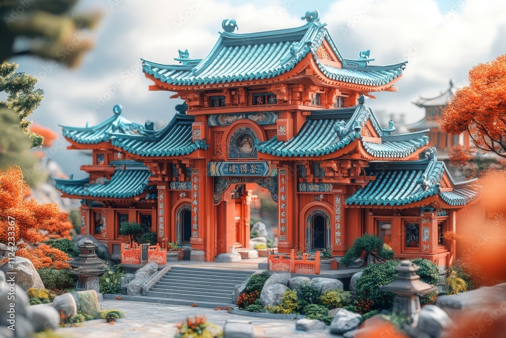 A vibrant traditional Asian architectural structure surrounded by nature. A vibrant traditional Asian architectural structure surrounded by nature.