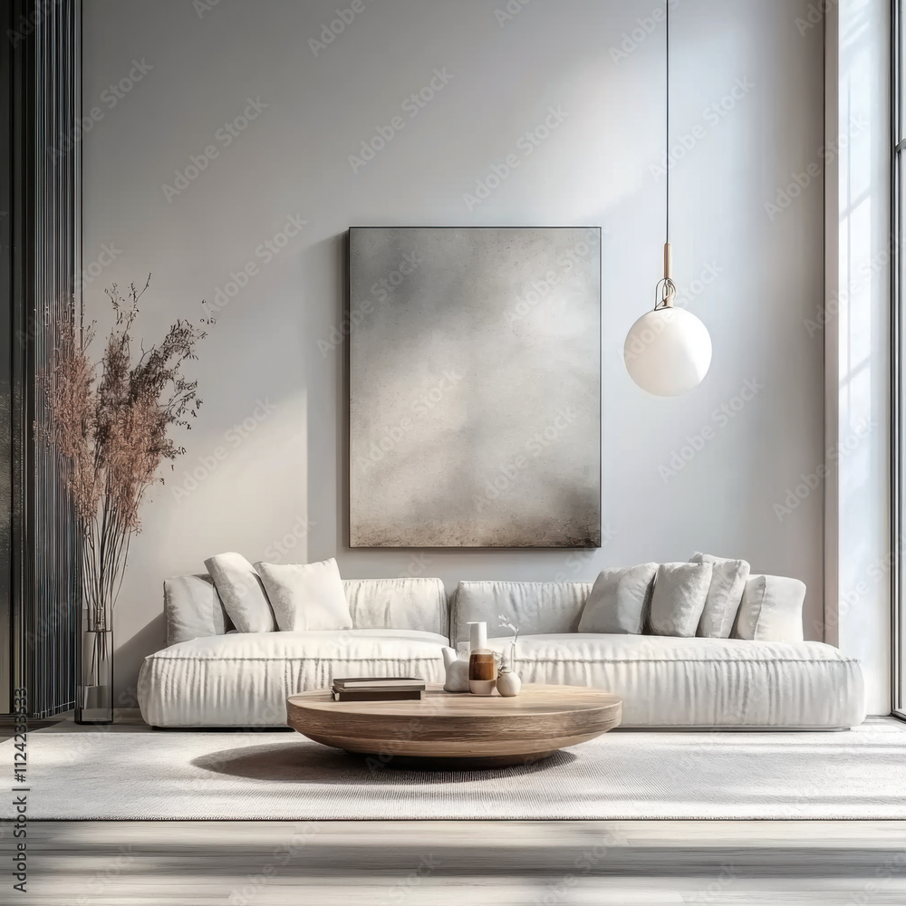 Minimalist and boho style interior design with modern living room and white sofa