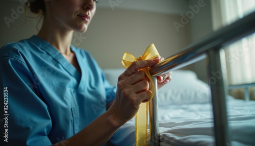 Raising awareness with a yellow ribbon for childhood cancer in a hospital room photo