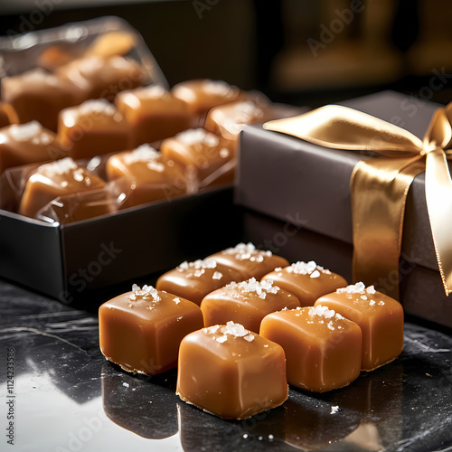 Gourmet caramel treats displayed in elegant packaging with a touch of sea salt for enhanced flavor and presentation
