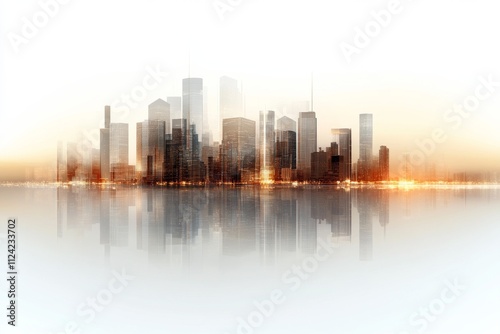 City skyline reflection during sunset with foggy atmosphere creating a serene vibe