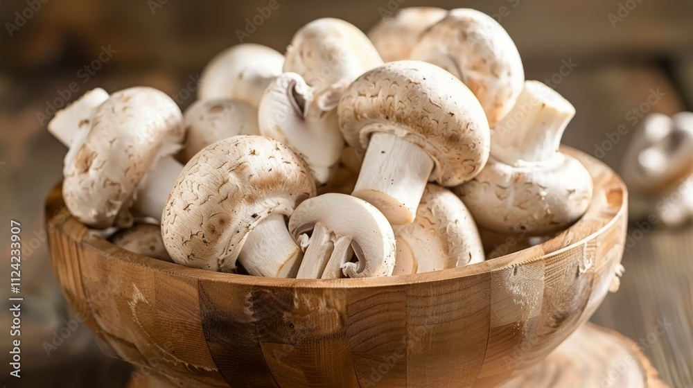 Fresh Button Mushrooms in a Wooden Bowl
