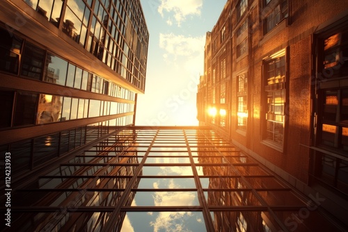 Golden sunlight shines between urban buildings at sunset in a cityscape photo