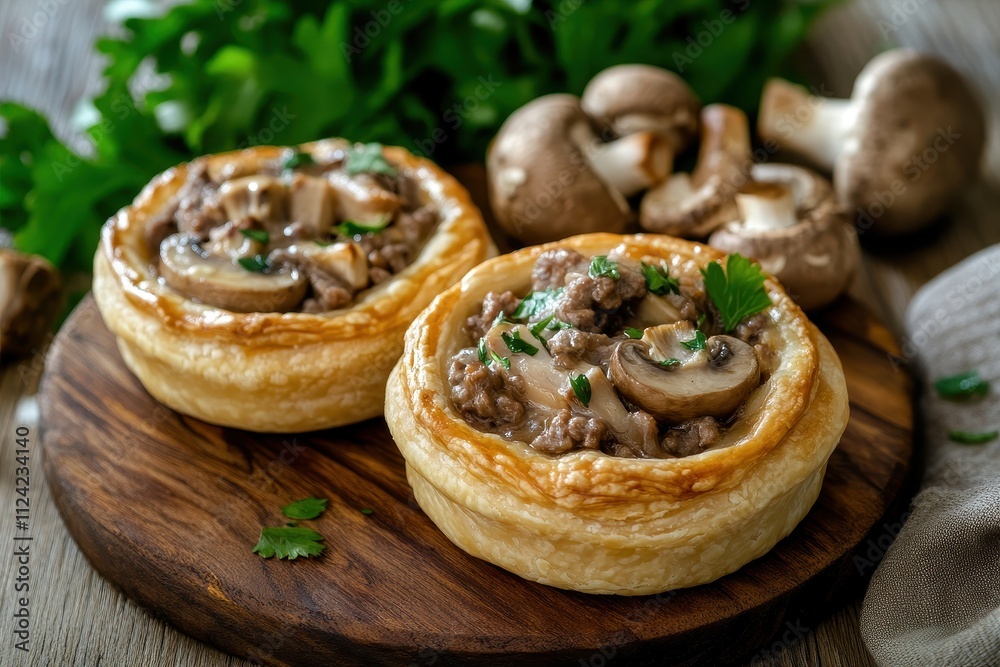 Classic Australian meat pie on wood Chicken and mushroom puff pastry Savory pie Classic Australian meat pie on wood Chicken and mushroom puff pastry Savory pie