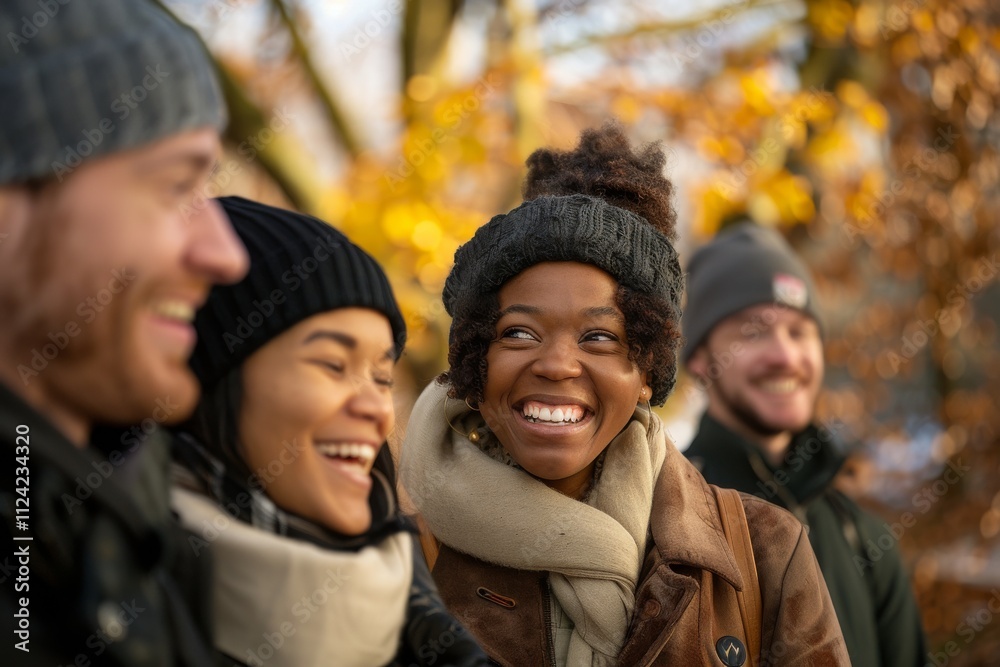 multiethnic group of friends walking in autumn park, smiling and looking at camera