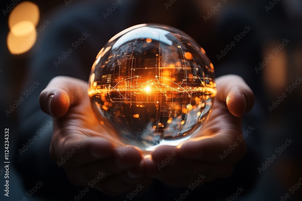 Fototapeta premium Light and data converge in a translucent globe held by hands, symbolizing innovation and technology