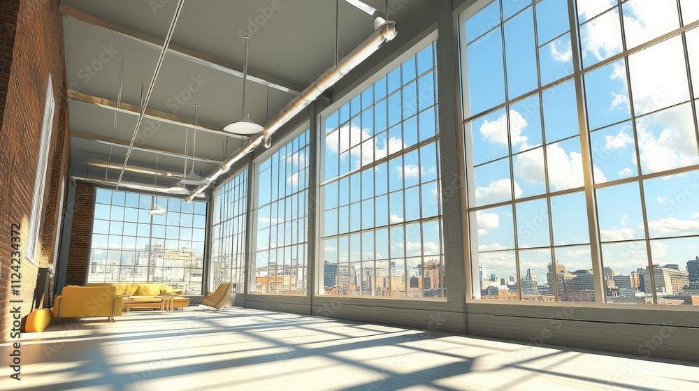Modern loft with expansive windows and a clean, open design overlooking a sunny blue sky. Modern loft with expansive windows and a clean, open design overlooking a sunny blue sky.