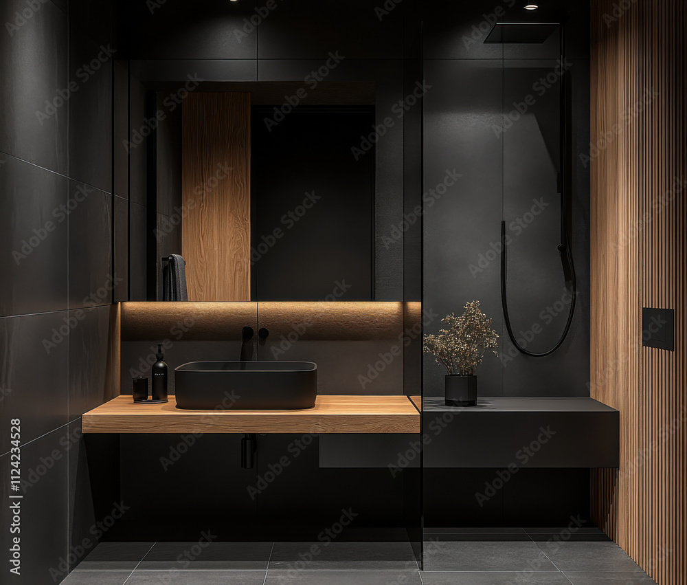 Minimalist bathroom with dark gray black sink, illuminated and A large glass-enclosed space