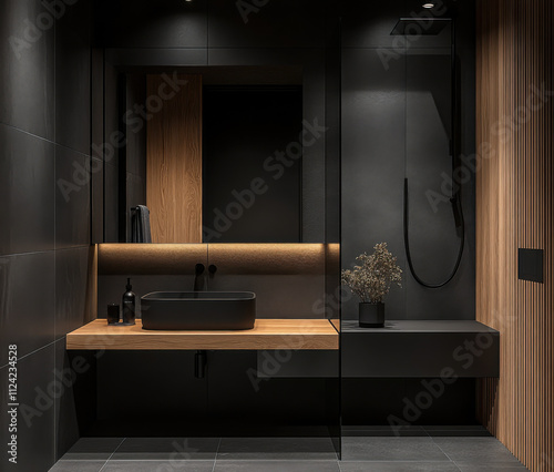 Obraz na płótnie Minimalist bathroom with dark gray black sink, illuminated and A large glass-enclosed space w salonie