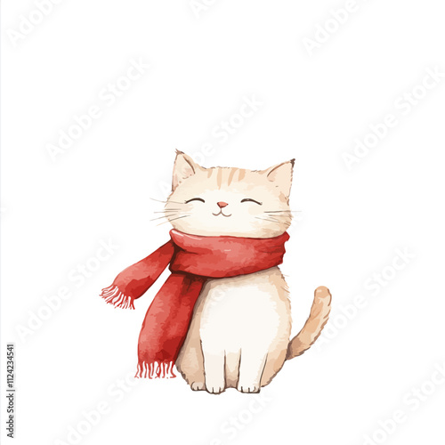 Cozy Kitten in Red Scarf: A sweet and adorable watercolor illustration of a kitten wearing a red scarf. Perfect for adding a touch of warmth and cuteness to your designs.