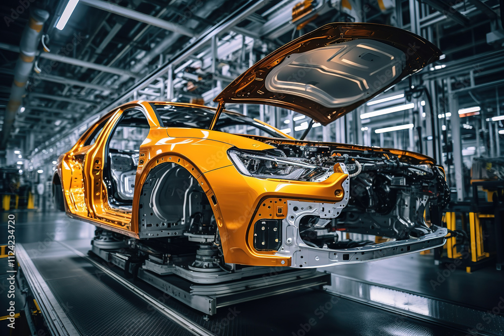 Welding process in a modern car factory focusing on production efficiency Welding process in a modern car factory focusing on production efficiency
