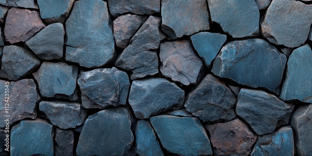 Fototapeta premium Rugged, textured stone wall with an intricate pattern of interlocking stones, capturing rustic charm and earthy tones.
