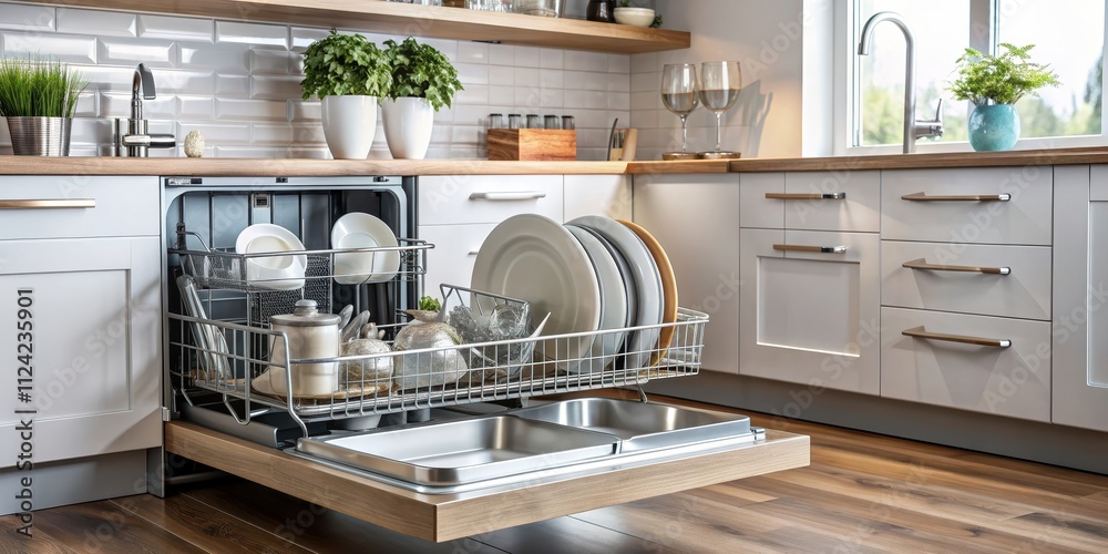 Kitchen counter with shiny dishwasher filled with clean dishes, clean, dishes, kitchen, counter, dishwasher, shiny, organized