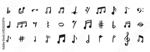 Notes doodle set hand drawn with a black pen. Sketch music drawing note 