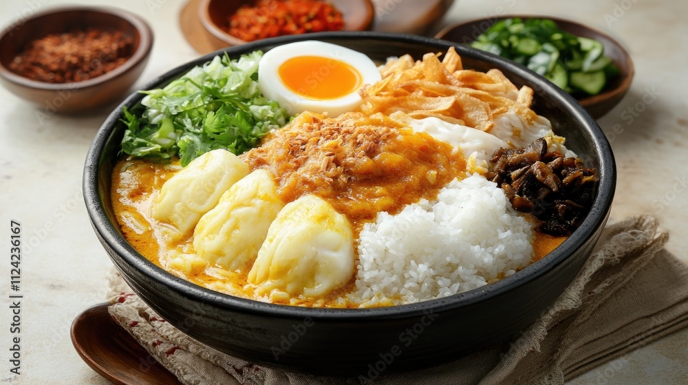 Savory Rice Bowl: Delicious Curry, Egg, and Rice with Crispy Garnish, Fresh Herbs, and Pickles. Savory Rice Bowl: Delicious Curry, Egg, and Rice with Crispy Garnish, Fresh Herbs, and Pickles.