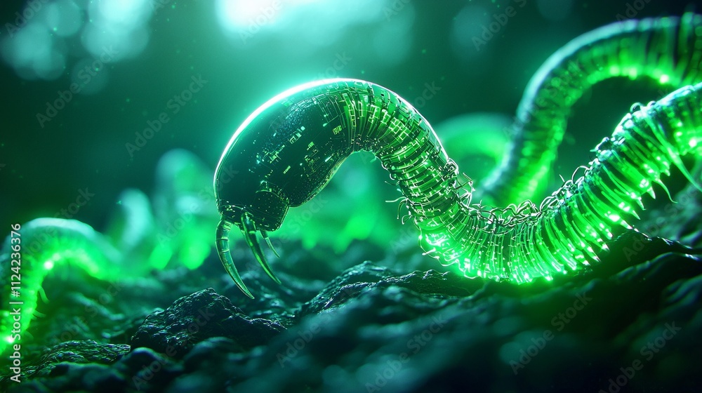 Illuminated green worms in fantasy forest macro photography ethereal environment close-up view nature concept Illuminated green worms in fantasy forest macro photography ethereal environment close-up view nature concept