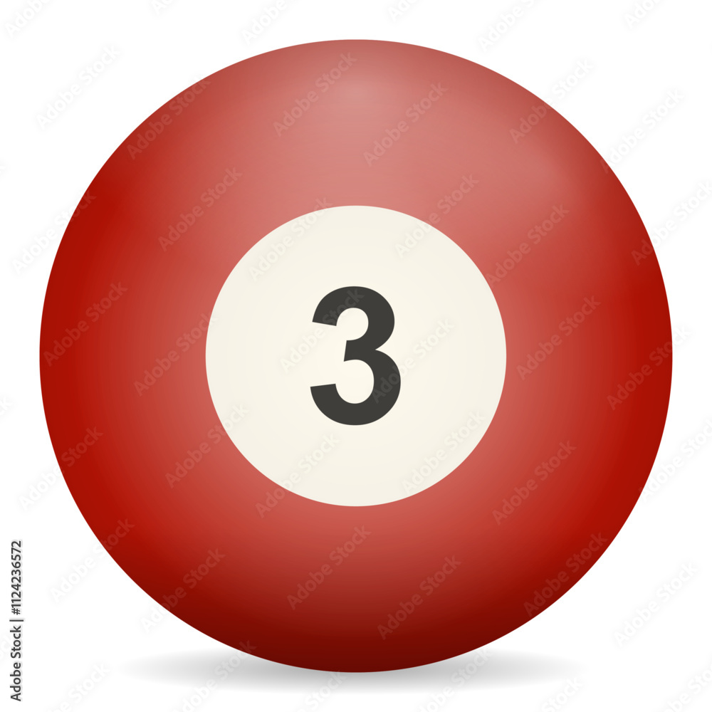 A close-up image of a red billiard ball with the number three on it. A close-up image of a red billiard ball with the number three on it.