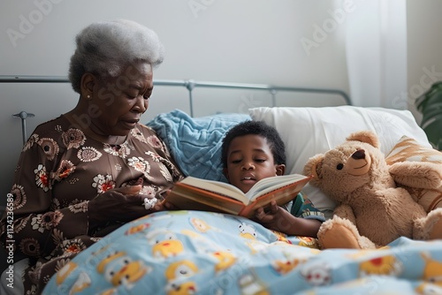 A grandmother reads her grandson an animal storybook before bed, with soft lighting and cozy bedroom, Generative AI photo