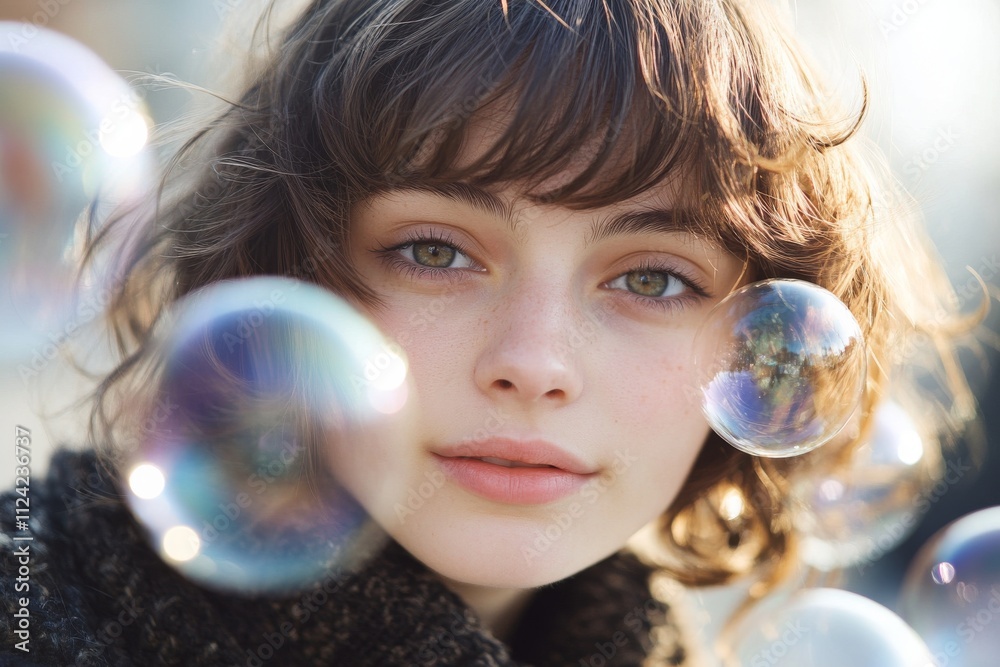 Young girl enjoying a moment surrounded by soap bubbles in a sunlit outdoor setting Young girl enjoying a moment surrounded by soap bubbles in a sunlit outdoor setting