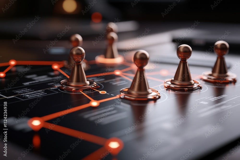 Strategic game pieces on a dark board with glowing network connections during an evening gathering Strategic game pieces on a dark board with glowing network connections during an evening gathering